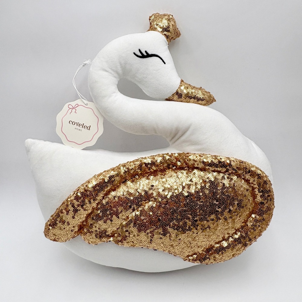 Coveted Home Swan Accent Pillow Plush Sequin Gold Crown Decor Elegant